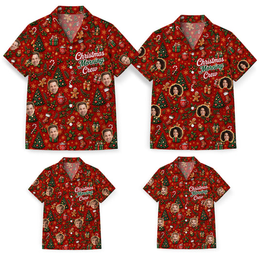 Custom Christmas Morning Crew Family Matching Hawaiian Shirt Set