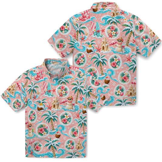 No-face preview of blush pink custom tropical christmas hawaiian shirt with face portraits, frosted palms and waves