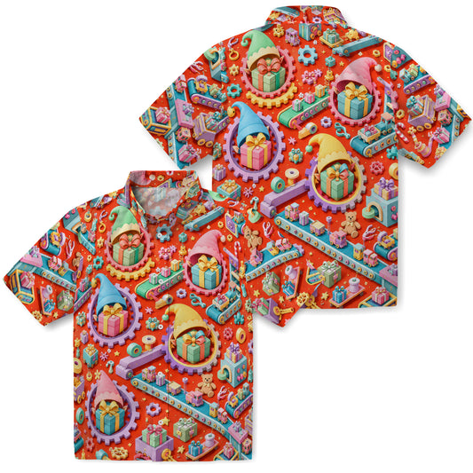 No-face preview of burnt orange custom christmas hawaiian shirt with face portraits, gears, toys and conveyor belts