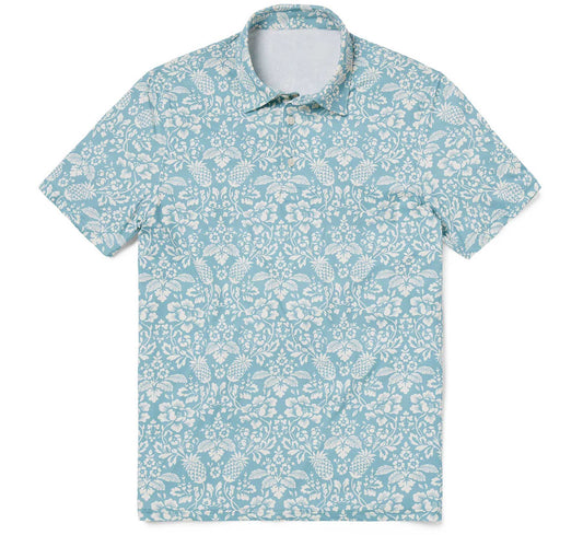Dusty Turquoise Oahu Harvest Performance Polo Hawaiian Shirt