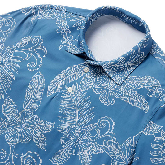 Fancy Biscus Performance Polo Blue Hawaiian Shirt
