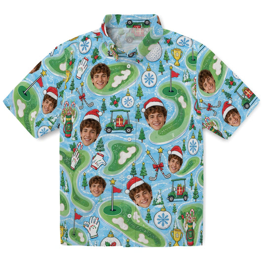 Sky blue custom golf Christmas Hawaiian shirt with face portraits, fairways, carts and flags