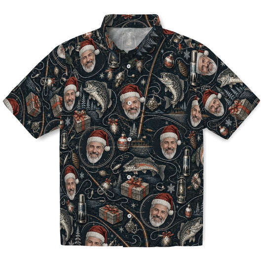 Black custom fishing Christmas Hawaiian shirt with face portraits, trout, rods and lanterns