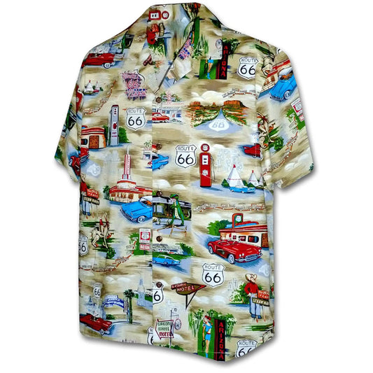 Khaki Route 66 Hawaiian Shirt