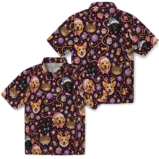 Front and back view of Deep Plum Pet Portrait Christmas Hawaiian Shirt without personalized faces