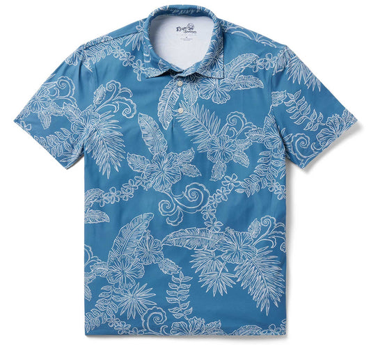 Fancy Biscus Performance Polo Blue Hawaiian Shirt