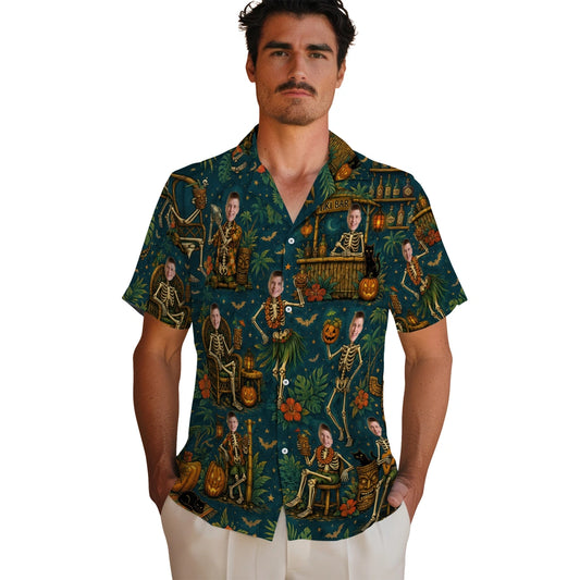 Men's model wearing Spooky Deep Teal Tiki Lounge Custom Hawaiian Shirt in Deep Teal