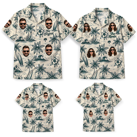 Four matching family Hawaiian shirts with custom faces and Original, Remix, Mic Drop and Encore lettering