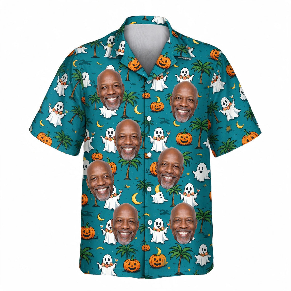 Ghost Luau Halloween Face Hawaiian Shirt – front view with custom faces