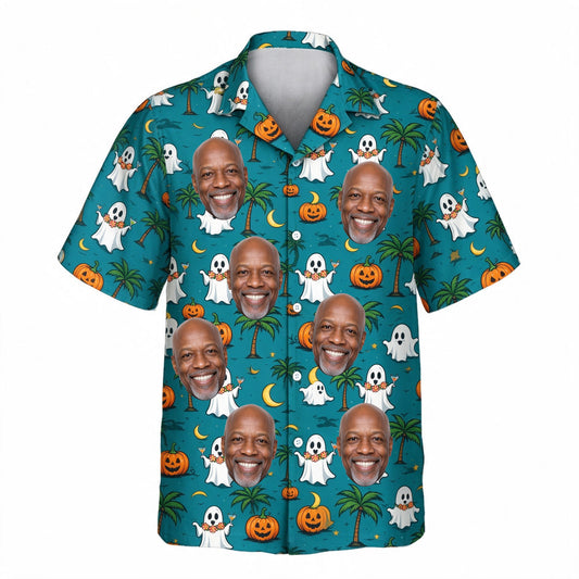 Ghost Luau Halloween Face Hawaiian Shirt – front view with custom faces
