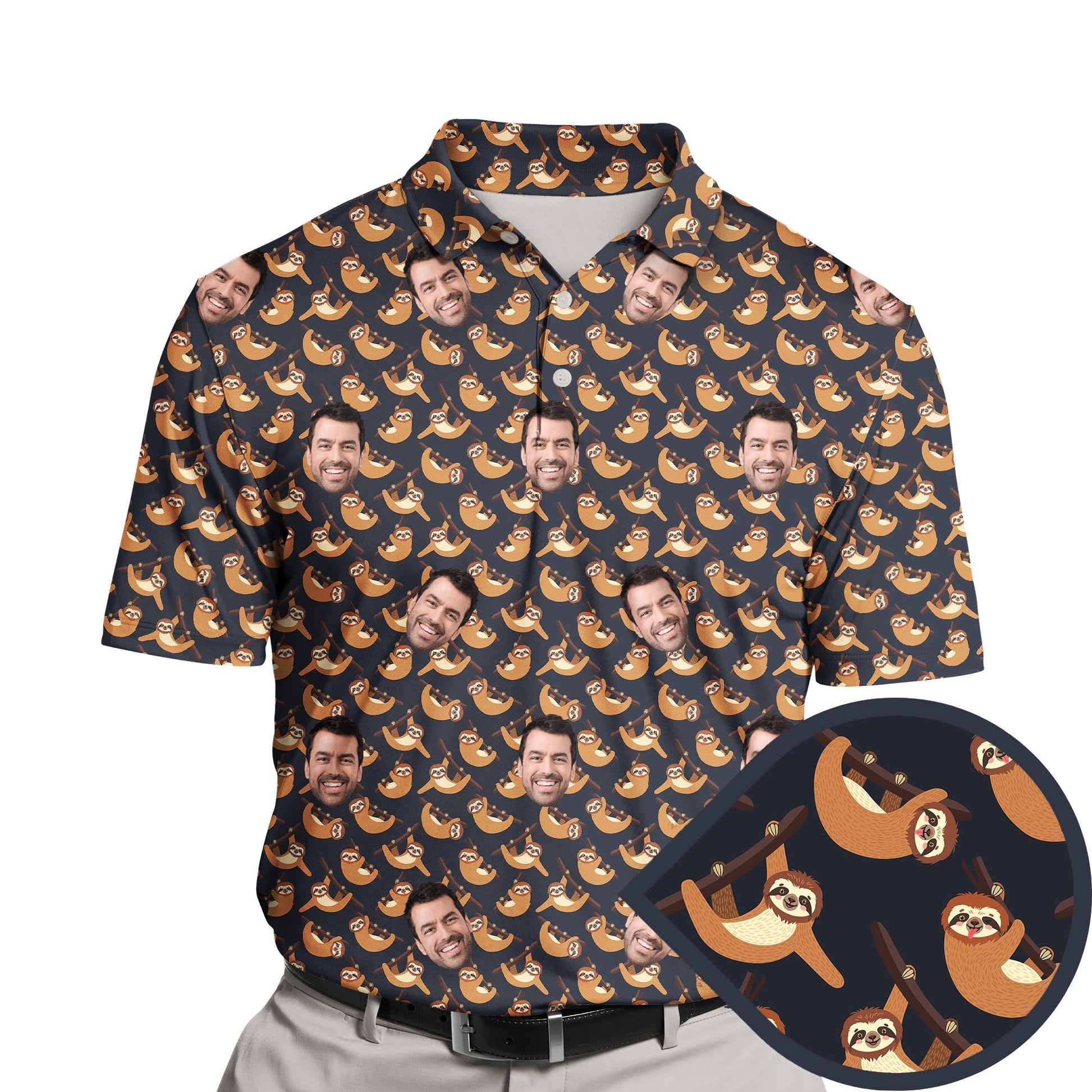 Custom Hawaiian Shirt - Face Photo or Logo - Lazy Sloth Funny Golf Design - Navy Blue