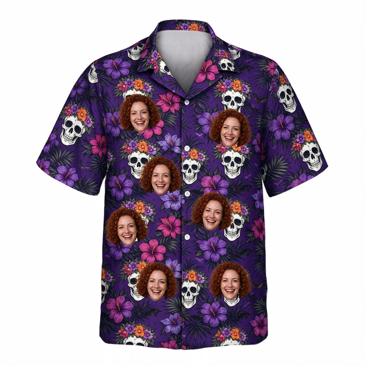 Skull Hibiscus Halloween Face Hawaiian Shirt – front view with custom faces