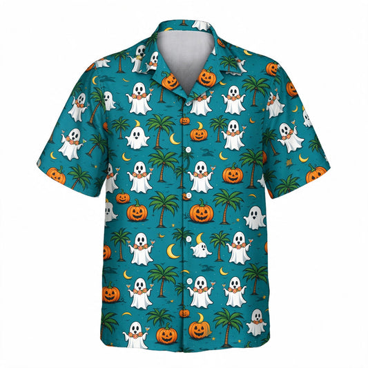 Ghost Luau Halloween Face Hawaiian Shirt – front view without faces
