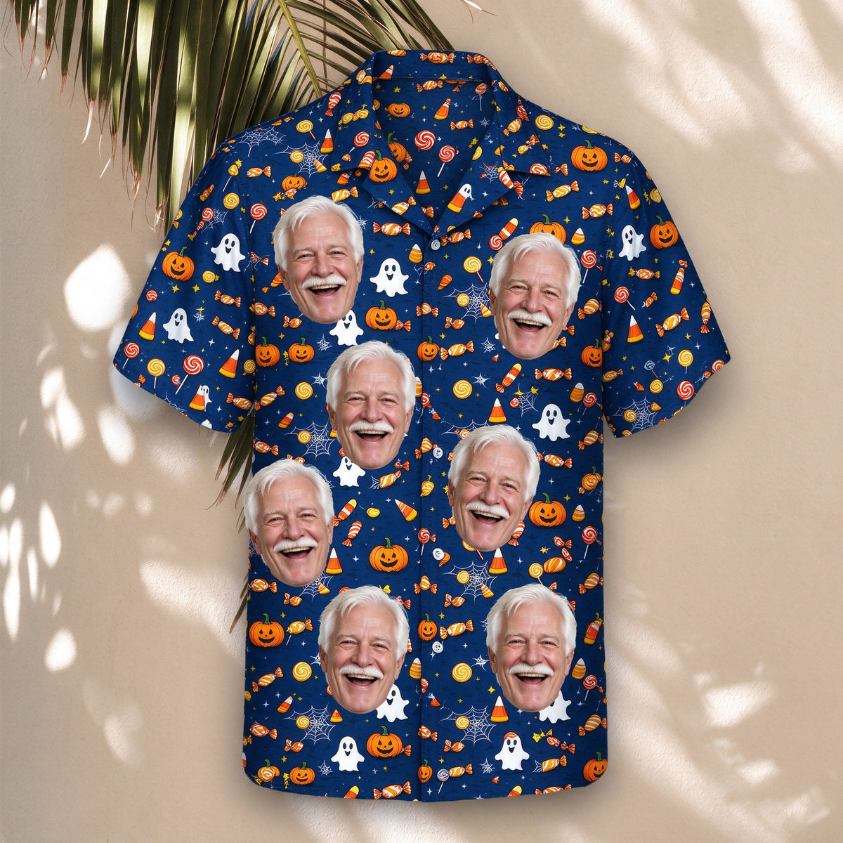 Candy Corn Halloween Face Hawaiian Shirt – with custom faces, hanging display