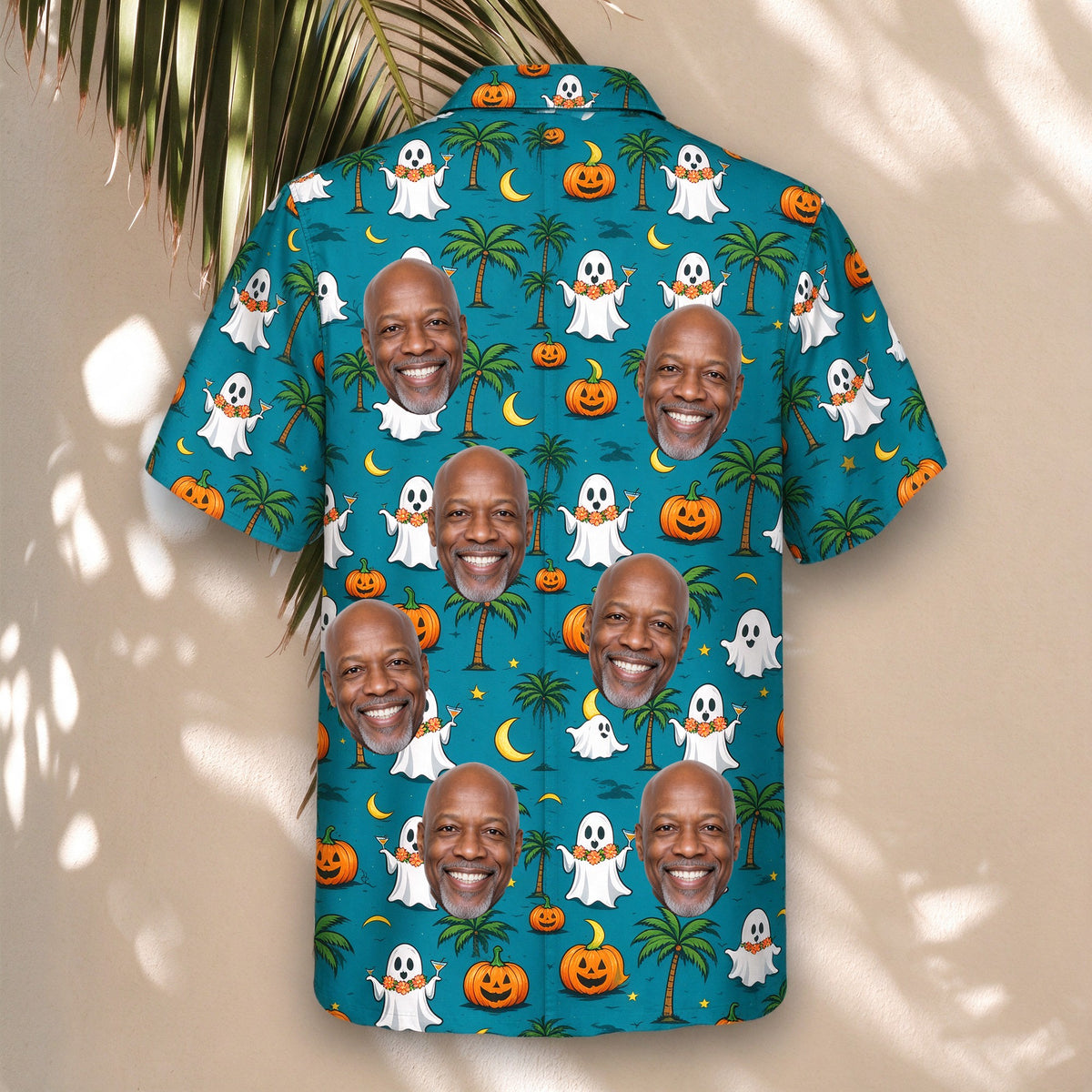 Ghost Luau Halloween Face Hawaiian Shirt – with custom faces, hanging display