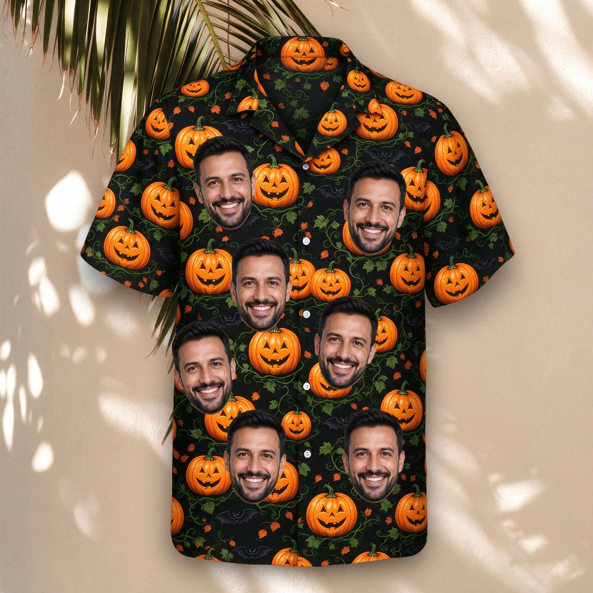 Pumpkin Patch Halloween Face Hawaiian Shirt – with custom faces, hanging display