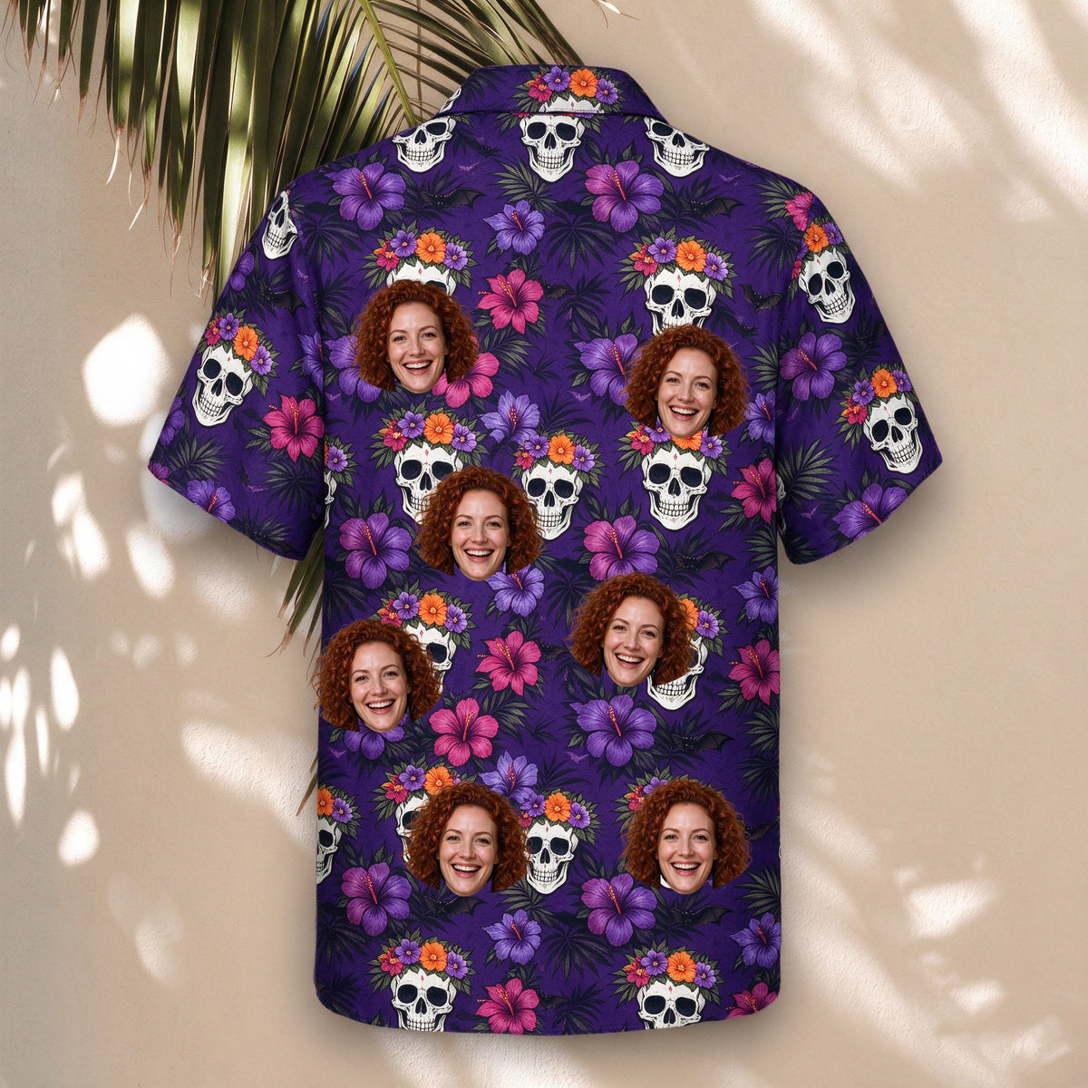 Skull Hibiscus Halloween Face Hawaiian Shirt – with custom faces, hanging display