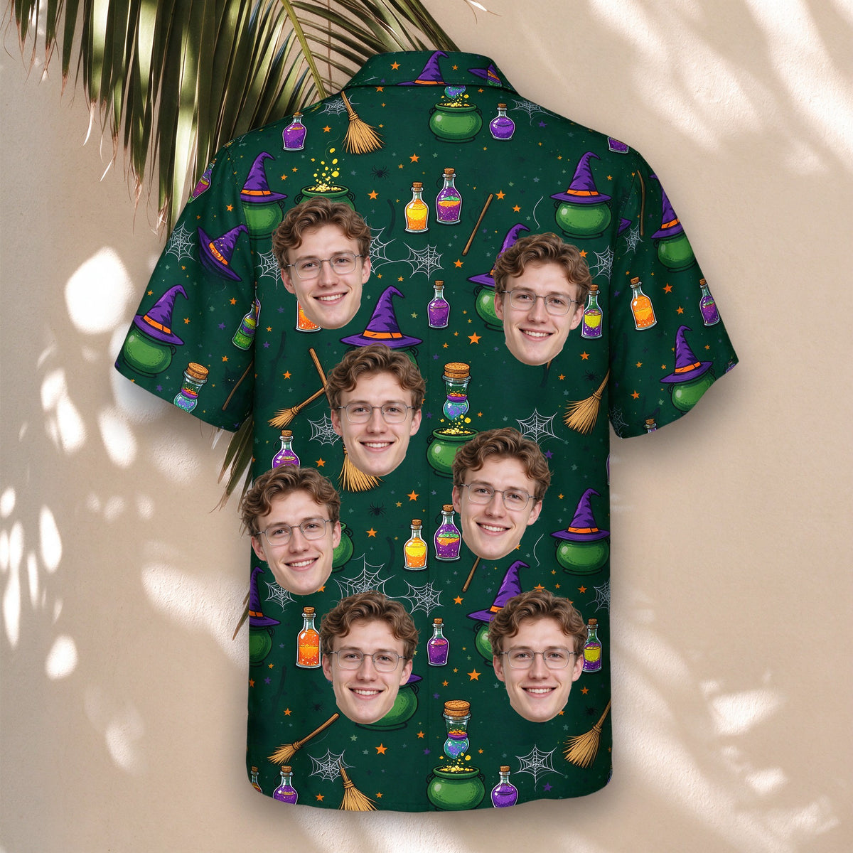 Witch's Brew Halloween Face Hawaiian Shirt – with custom faces, hanging display