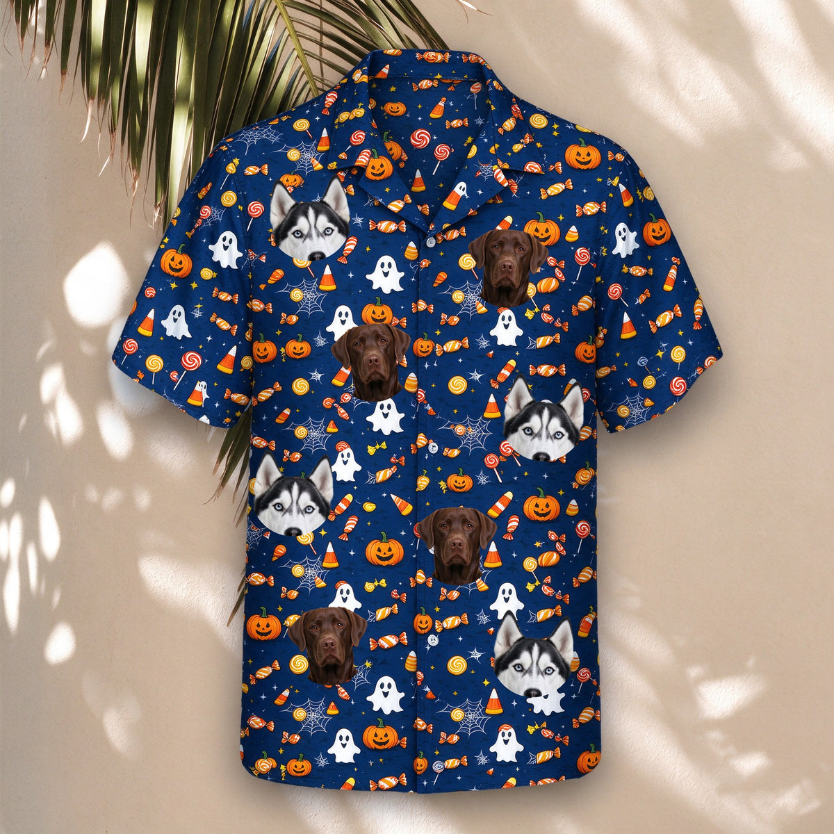 Candy Corn Halloween Face Hawaiian Shirt – with pet faces, hanging display