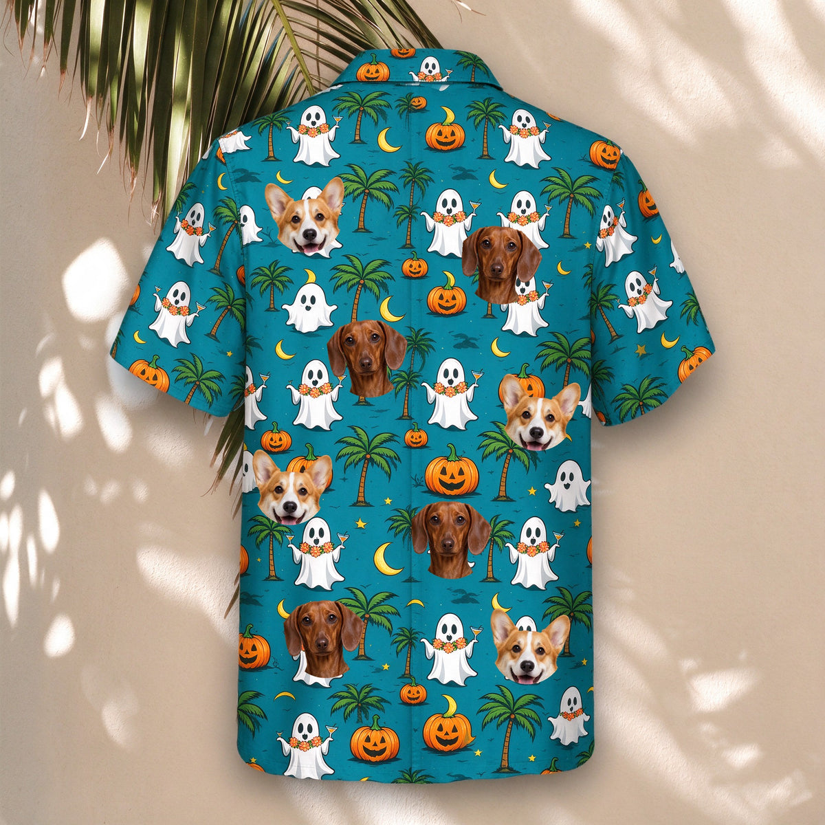Ghost Luau Halloween Face Hawaiian Shirt – with pet faces, hanging display
