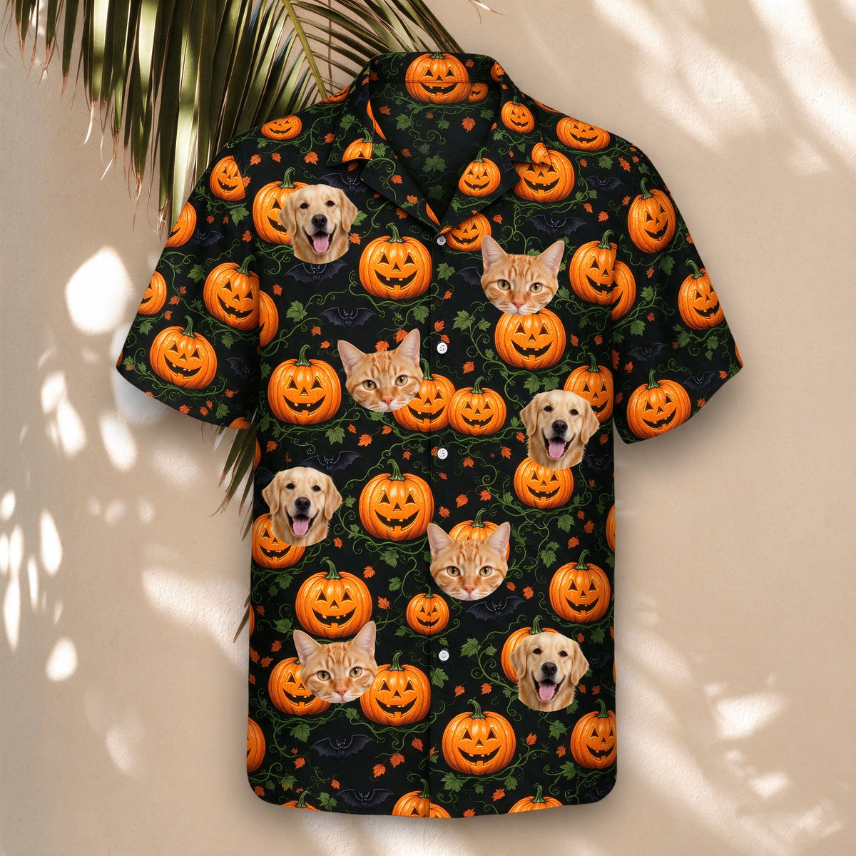 Pumpkin Patch Halloween Face Hawaiian Shirt – with pet faces, hanging display