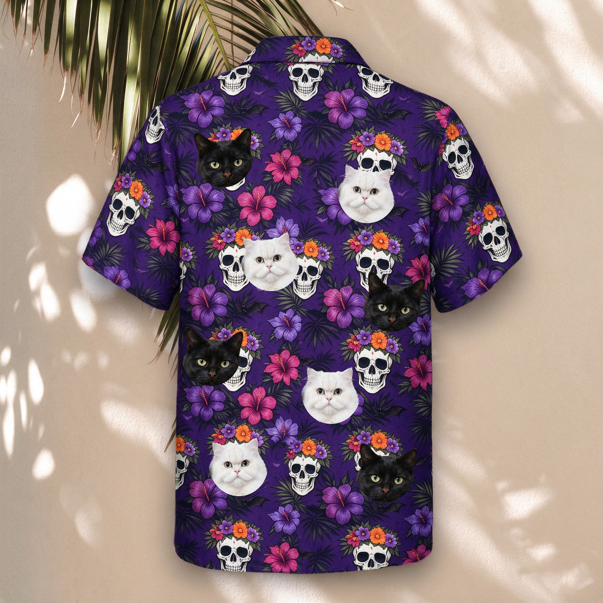 Skull Hibiscus Halloween Face Hawaiian Shirt – with pet faces, hanging display