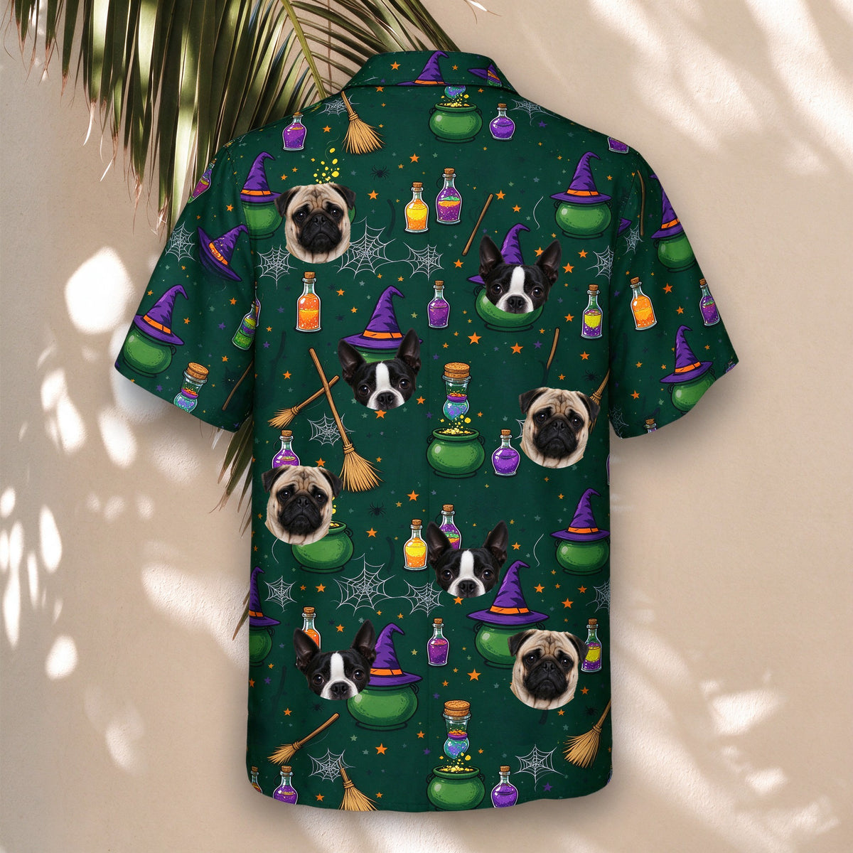 Witch's Brew Halloween Face Hawaiian Shirt – with pet faces, hanging display