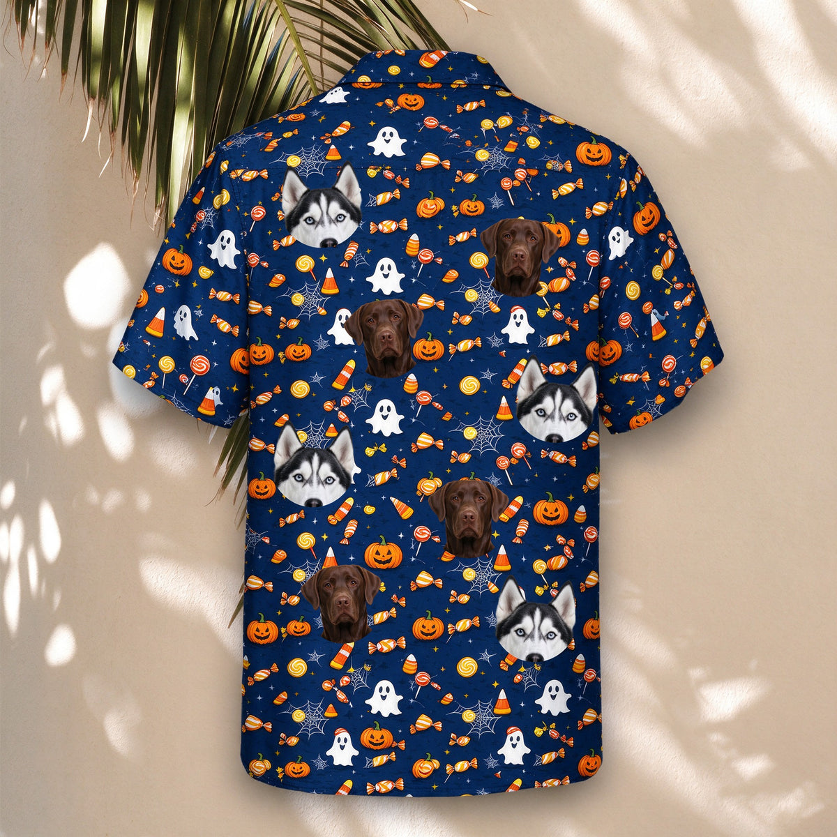 Candy Corn Halloween Face Hawaiian Shirt – back view with pet faces