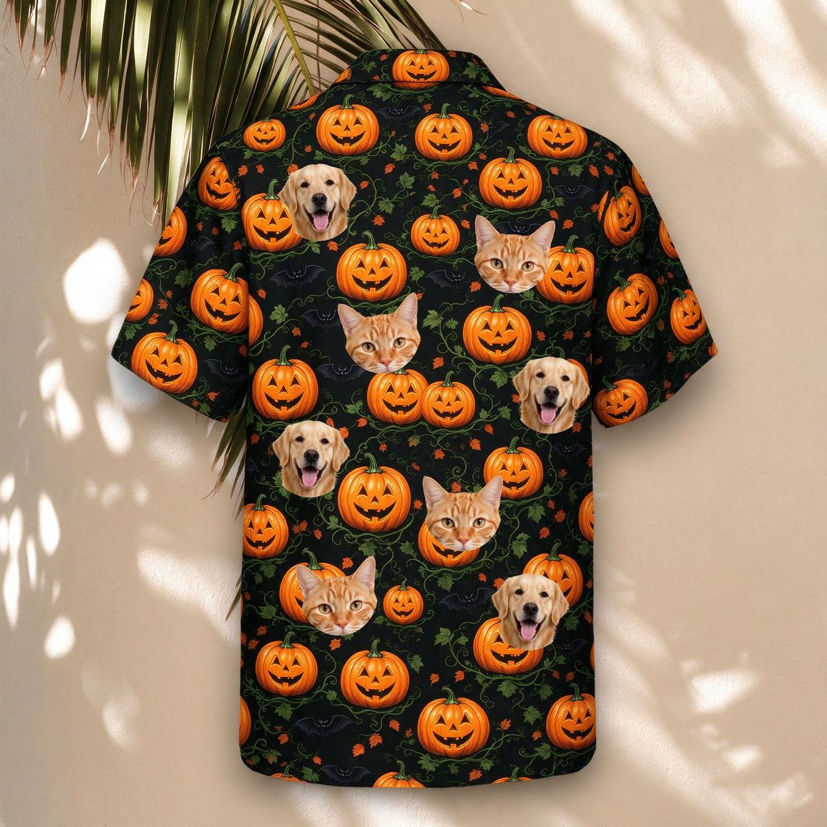 Pumpkin Patch Halloween Face Hawaiian Shirt – back view with pet faces