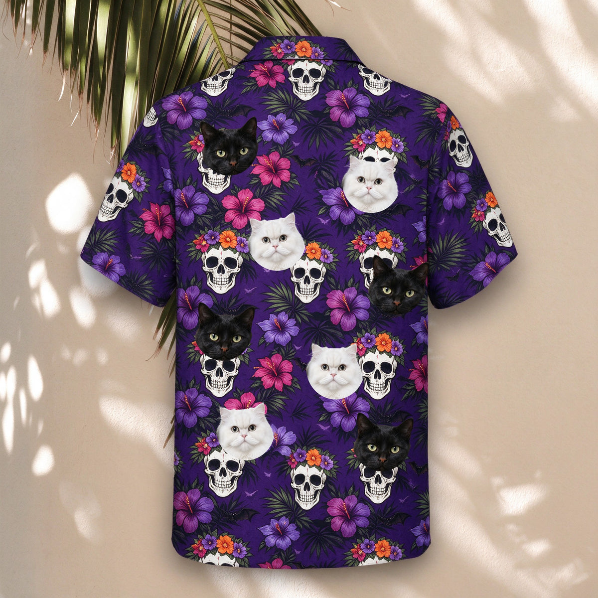 Skull Hibiscus Halloween Face Hawaiian Shirt – back view with pet faces