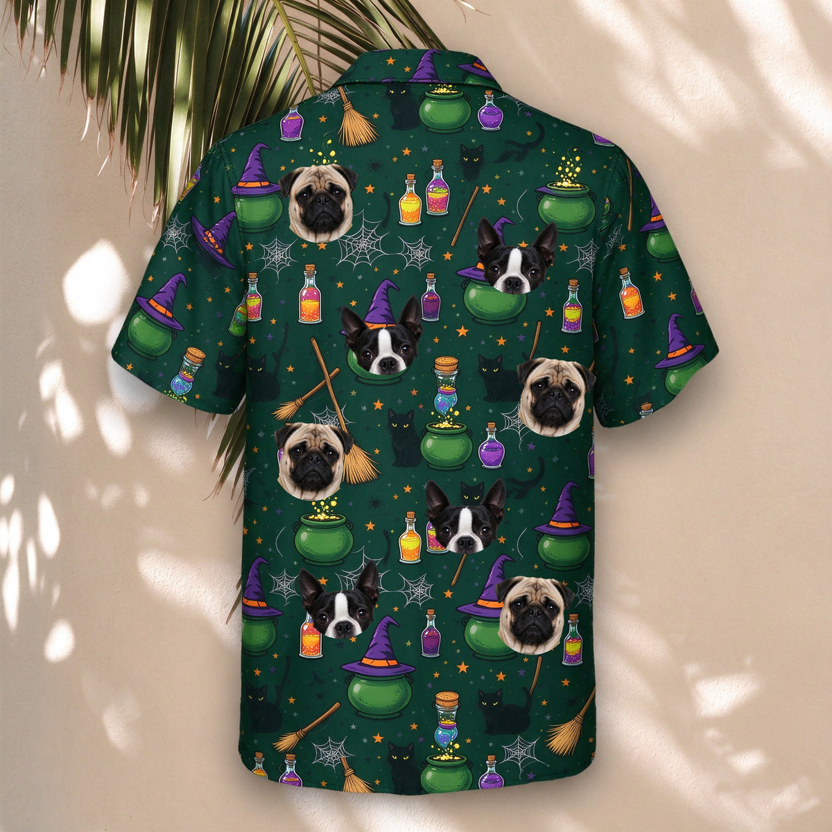 Witch's Brew Halloween Face Hawaiian Shirt – back view with pet faces