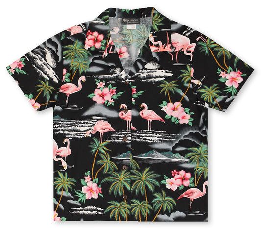 Ladies Flamingos Black Hawaiian Shirt