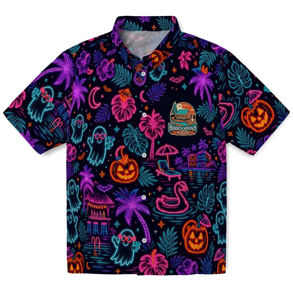 Bold Midnight Navy Glowing Linework Custom Hawaiian Shirt front view with neon-style pumpkins, ghosts, palm trees and haunted tropical scenes