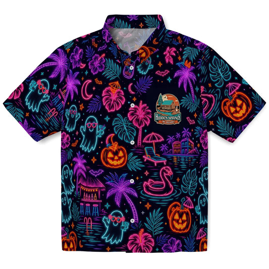 Bold Midnight Navy Glowing Linework Custom Hawaiian Shirt front view with neon-style pumpkins, ghosts, palm trees and haunted tropical scenes