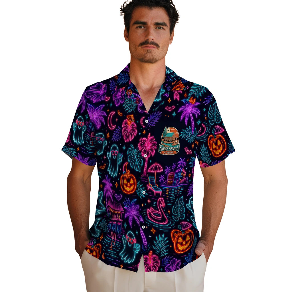 Men's model wearing Bold Midnight Navy Glowing Linework Custom Hawaiian Shirt in Midnight Navy