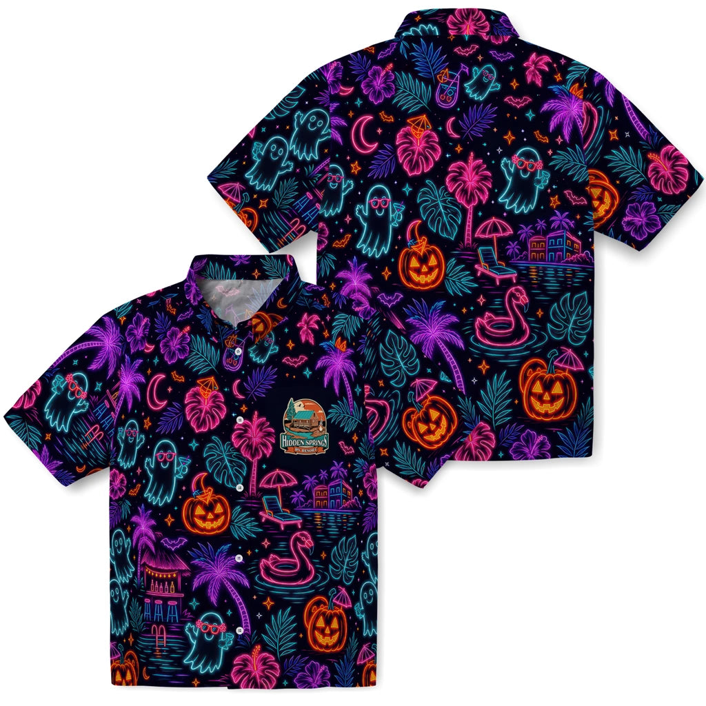 Front and back views of Bold Midnight Navy Glowing Linework Custom Hawaiian Shirt showing the all-over print