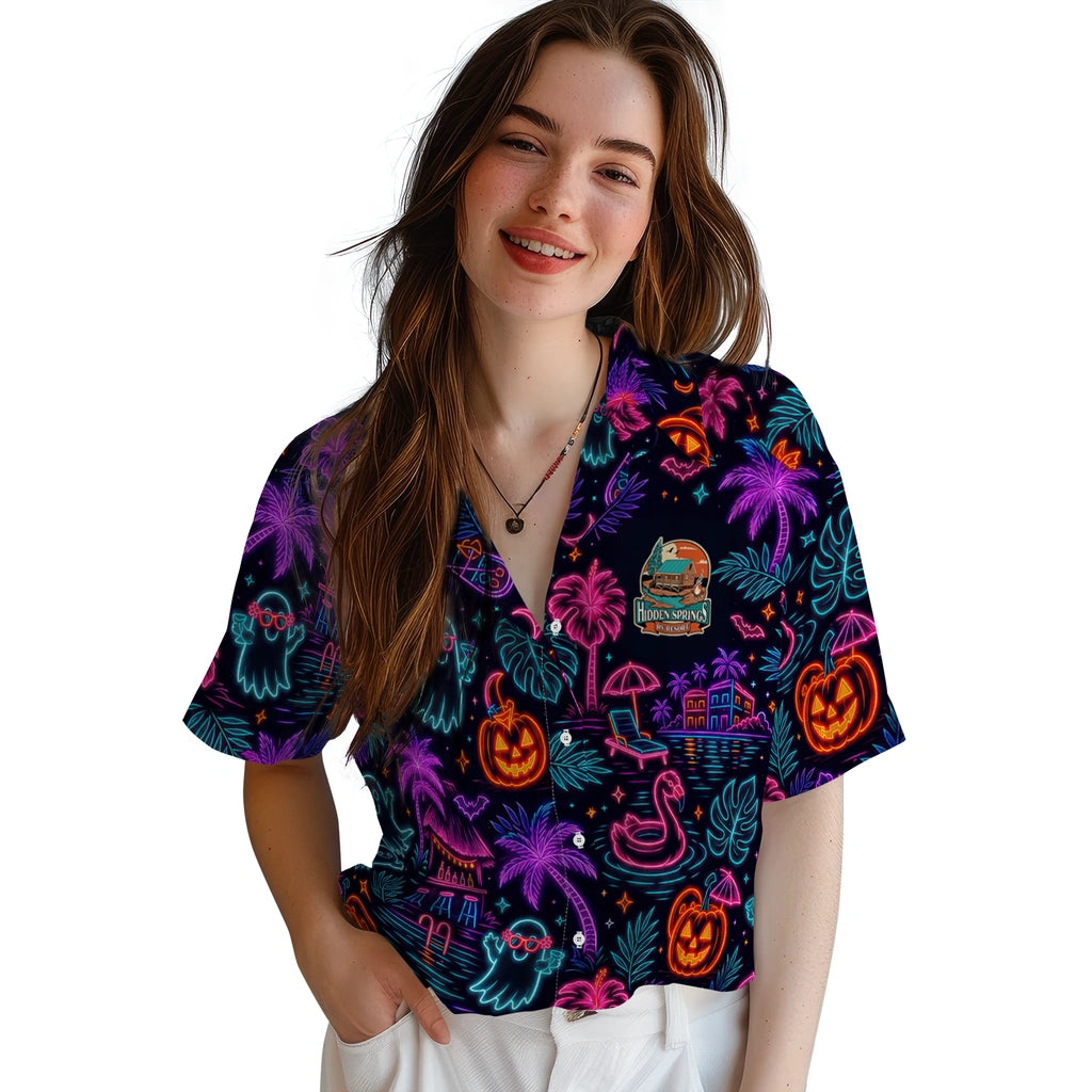 Women's model wearing Bold Midnight Navy Glowing Linework Custom Hawaiian Shirt in Midnight Navy
