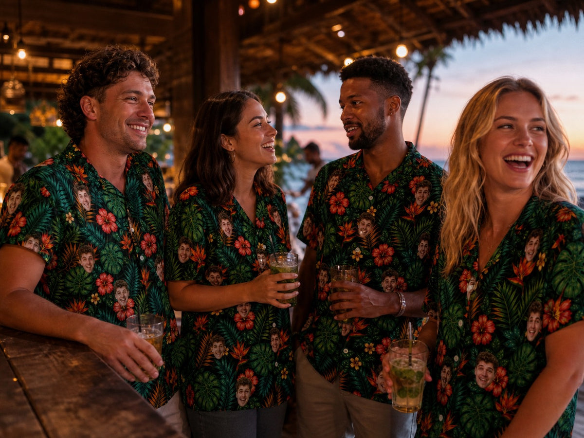 Group wearing black botanical personalized face Hawaiian shirts