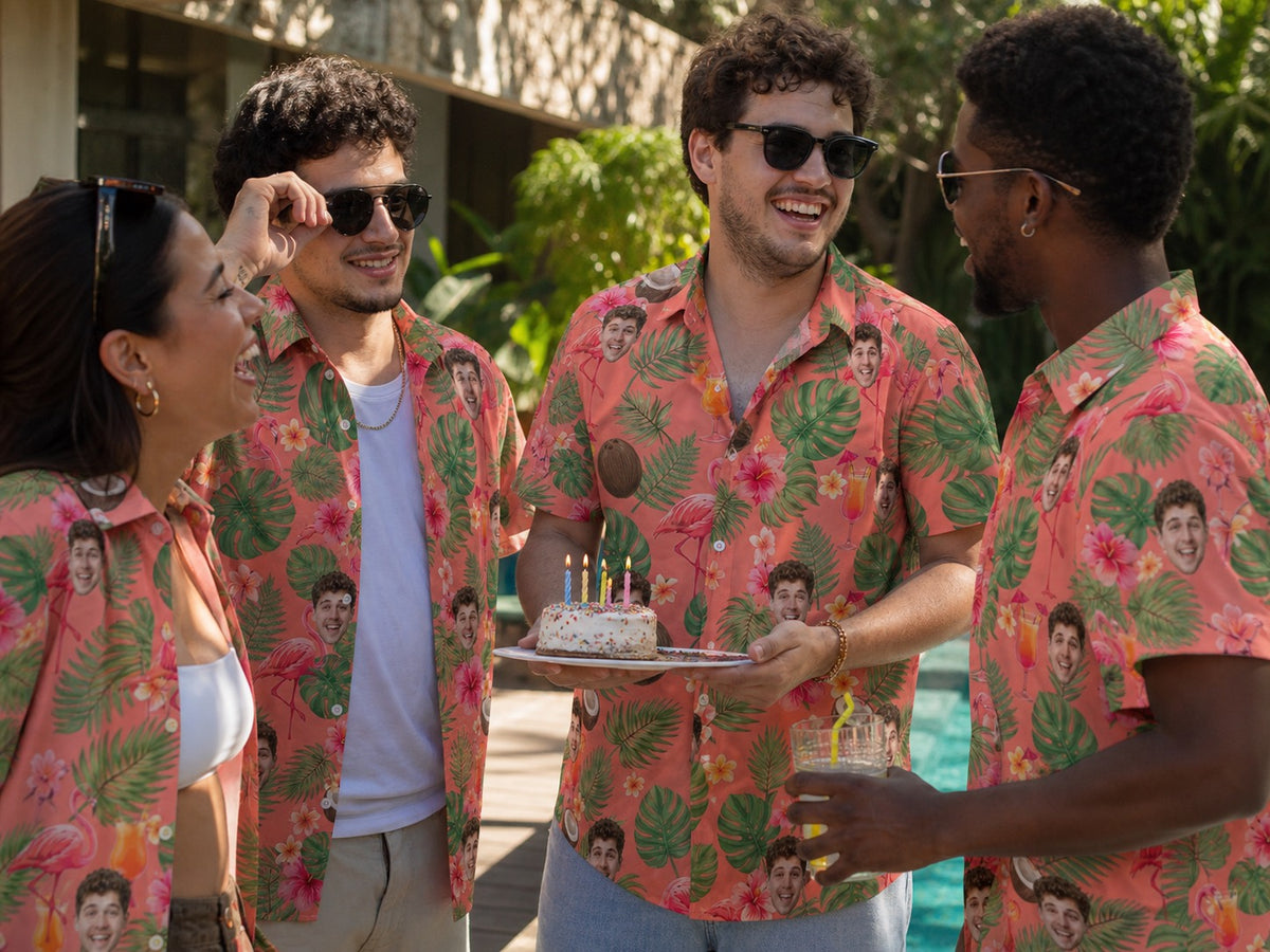 Group wearing coral flamingo personalized face Hawaiian shirts