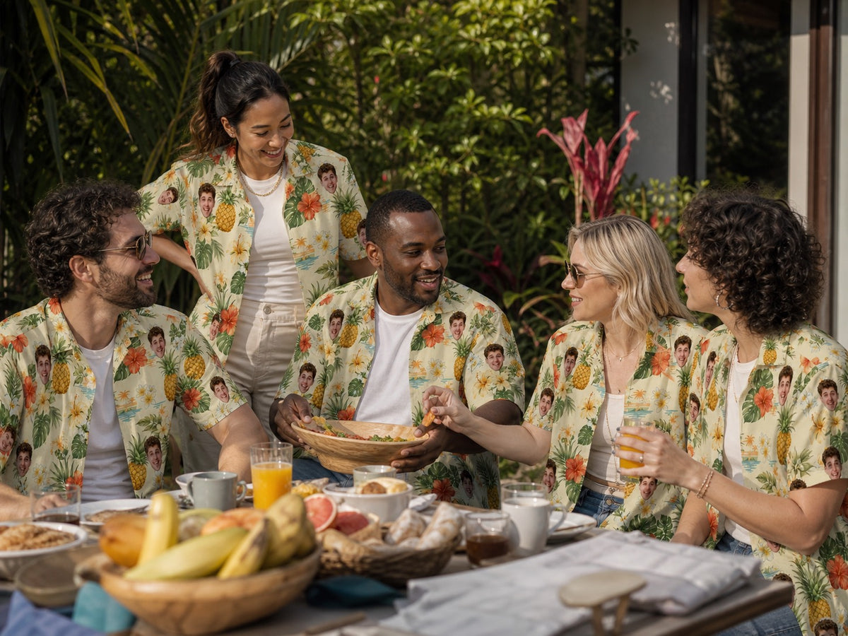Group wearing cream pineapple personalized face Hawaiian shirts