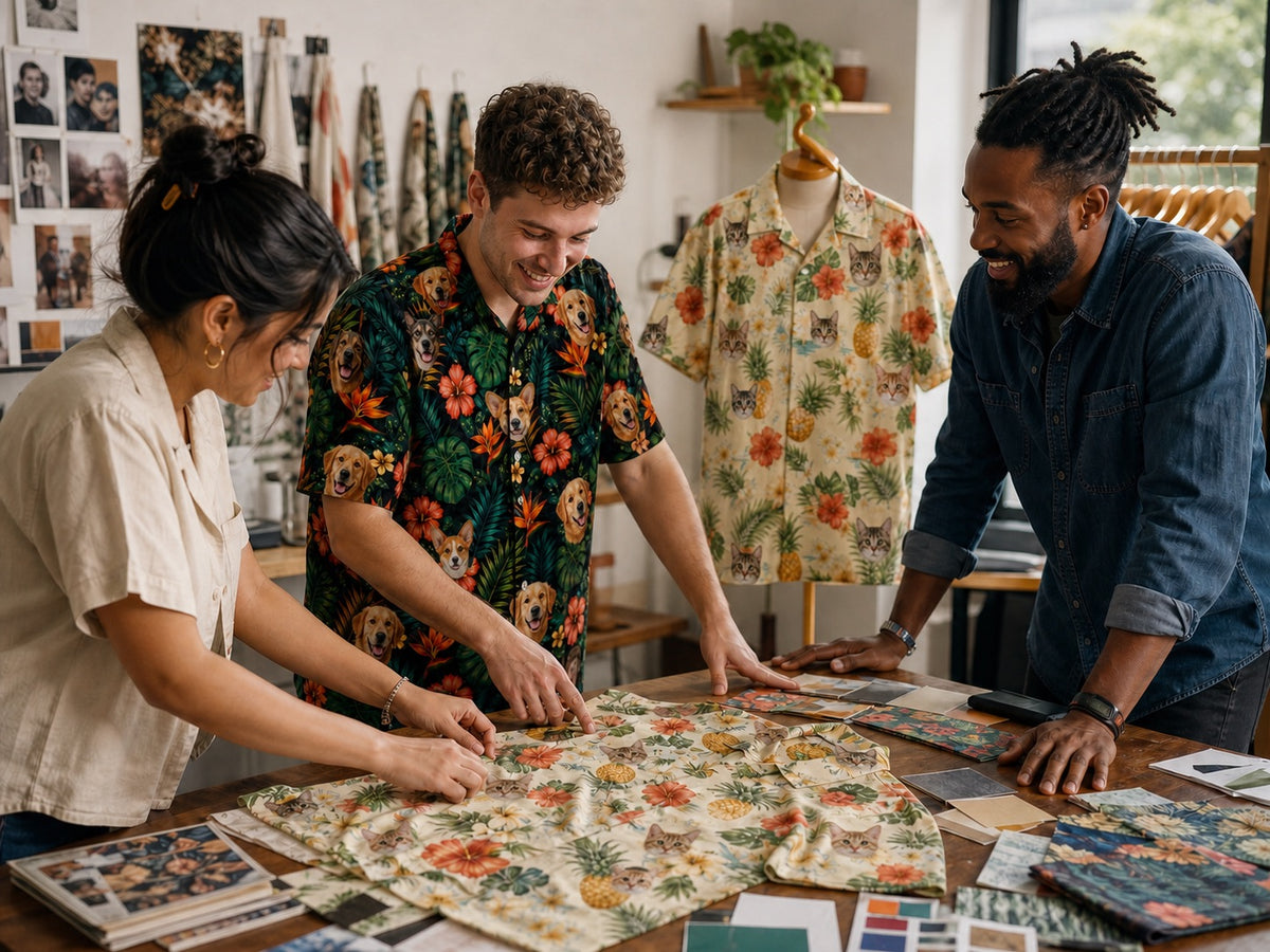A custom Hawaiian shirt design studio with dog and cat face patterns