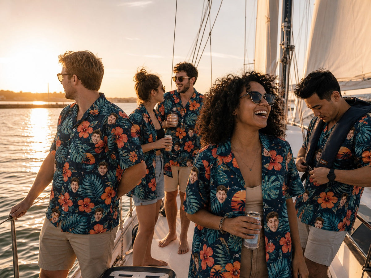 Group wearing navy sunset personalized face Hawaiian shirts