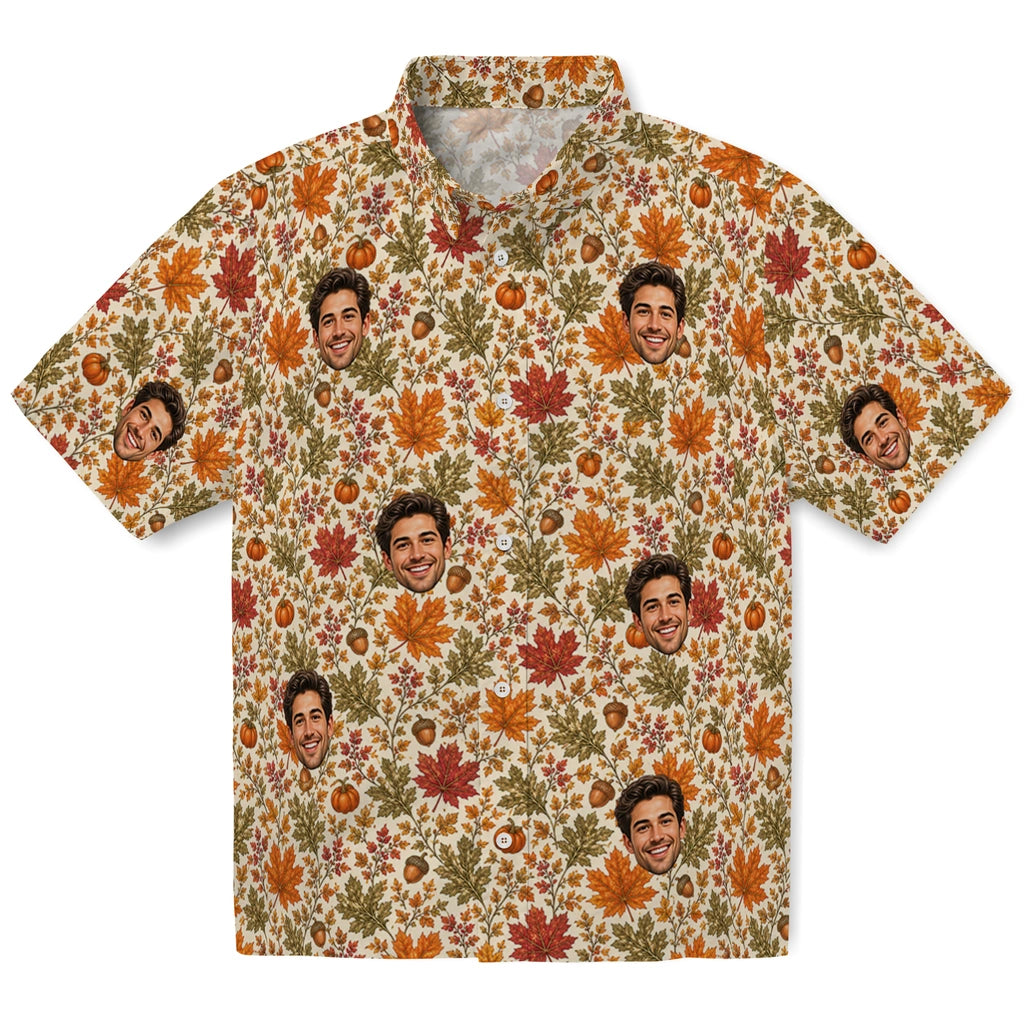 Cozy Ivory Autumn Leaves Custom Hawaiian Shirt front view featuring autumn leaves, acorns, pumpkins