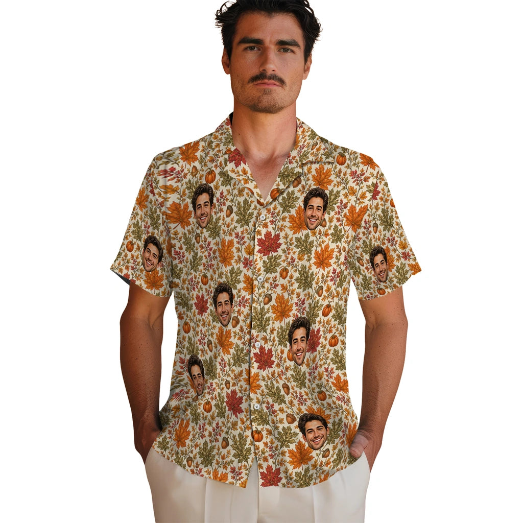 Men's model wearing Cozy Ivory Autumn Leaves Custom Hawaiian Shirt in Ivory