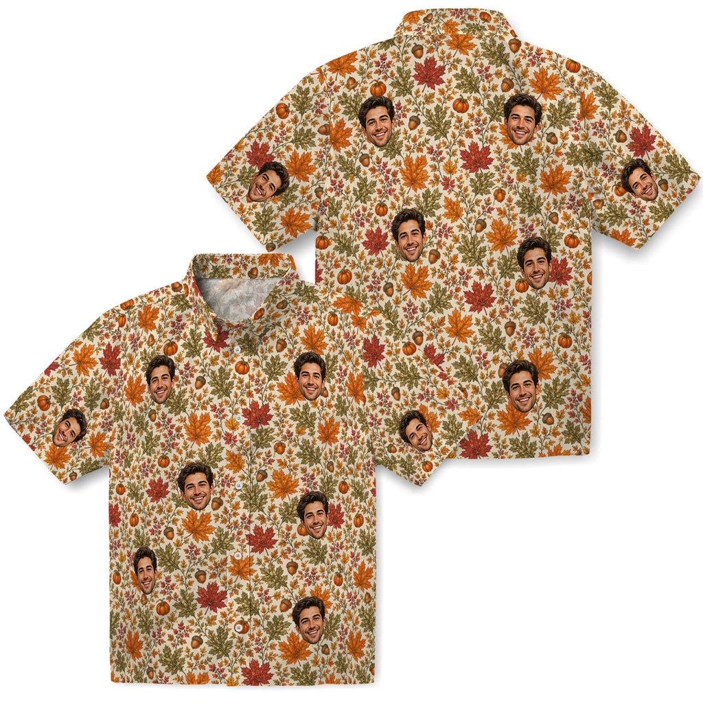 Front and back views of Cozy Ivory Autumn Leaves Custom Hawaiian Shirt showing the all-over print