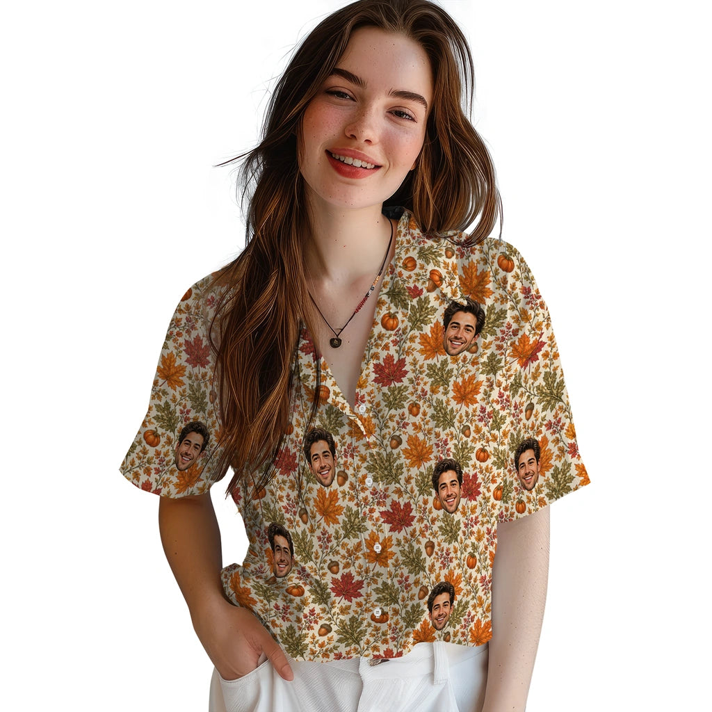 Women's model wearing Cozy Ivory Autumn Leaves Custom Hawaiian Shirt in Ivory