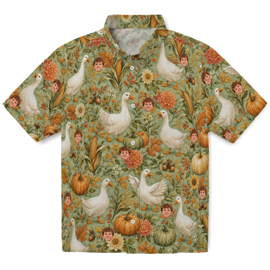 Cozy Sage Green Harvest Geese Custom Hawaiian Shirt front view featuring white geese, corn, pumpkins