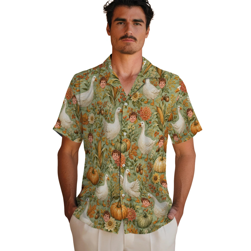 Men's model wearing Cozy Sage Green Harvest Geese Custom Hawaiian Shirt in Sage Green