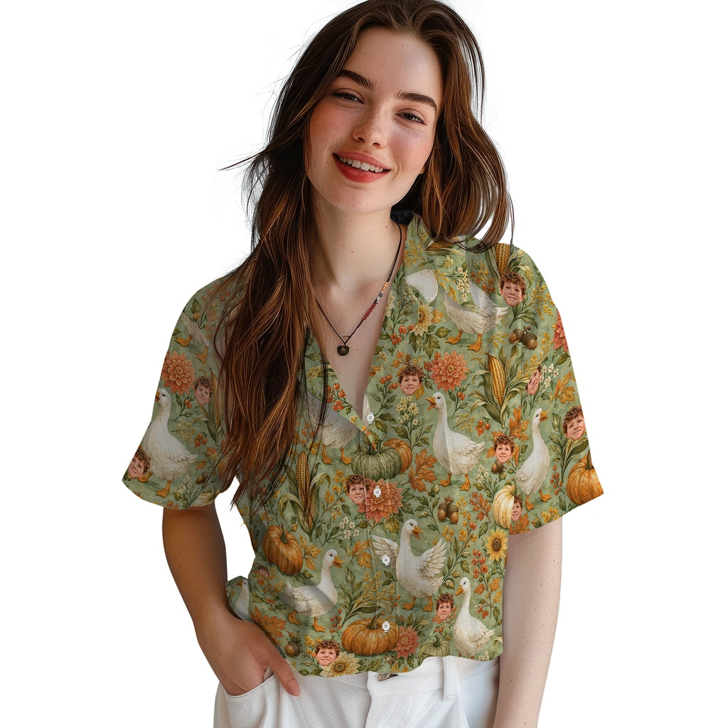 Women's model wearing Cozy Sage Green Harvest Geese Custom Hawaiian Shirt in Sage Green