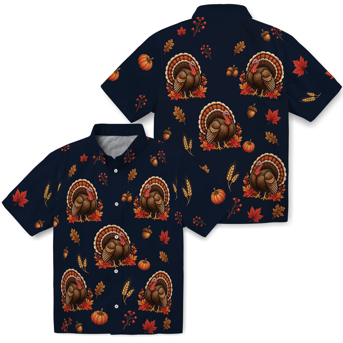 Front and back mockup of Festive Dark Navy Thanksgiving Turkey Custom Hawaiian Shirt without personalization
